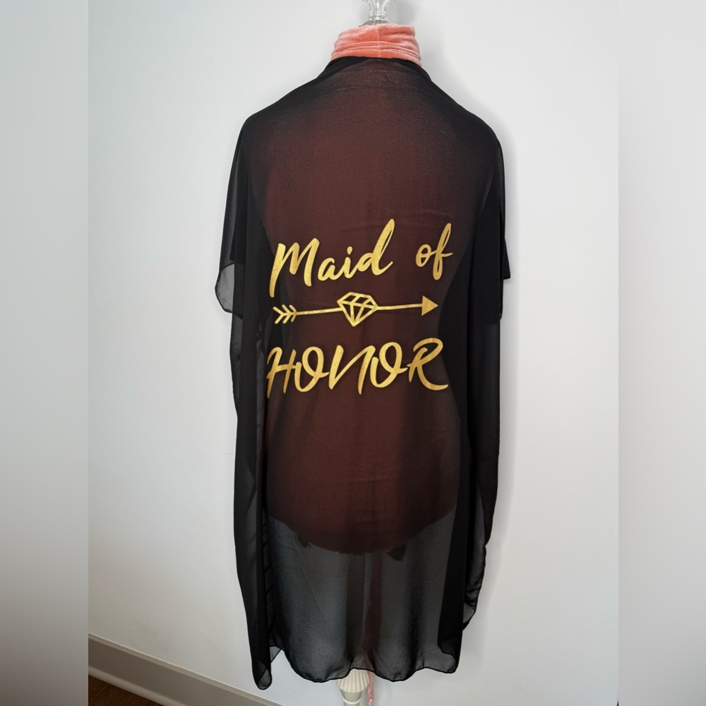 Black Maid of Honor Sheer Cover-Up Kimono Gold Lettering One Size Fits Most